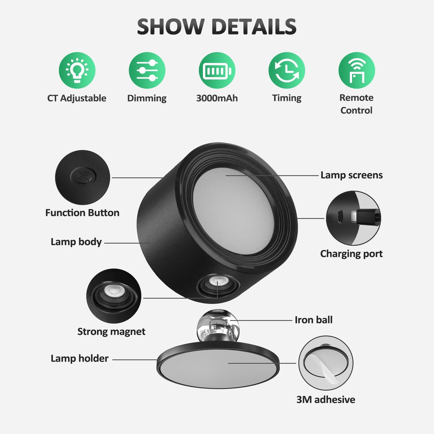 Night Light - Table Lamp - Bedside Lamp - Mood Lamp - Wireless Table Lamp - Rechargeable Lamp - LED Night Lamp - Touch Lamp - Dimmable Lamp - Desk Lamp - Mood Lighting - Portable Lamp - Bedroom Lamp - Modern Design - USB Rechargeable - Black - 1 Piece - Image 6