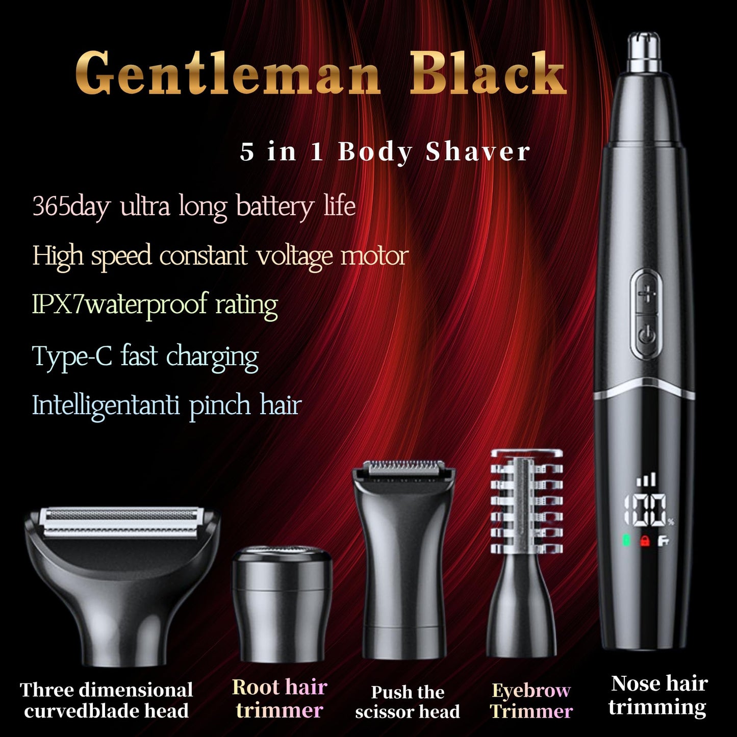 Nose Trimmer - 5-in-1 Rechargeable - Nose & Ear Hair Trimmer - IPX7 Waterproof - Two-Blade Trimming Set, Unisex, for Nose, Eyebrow, Beard, Bikini Line & Facial Hair Removal (Black) - Image 2