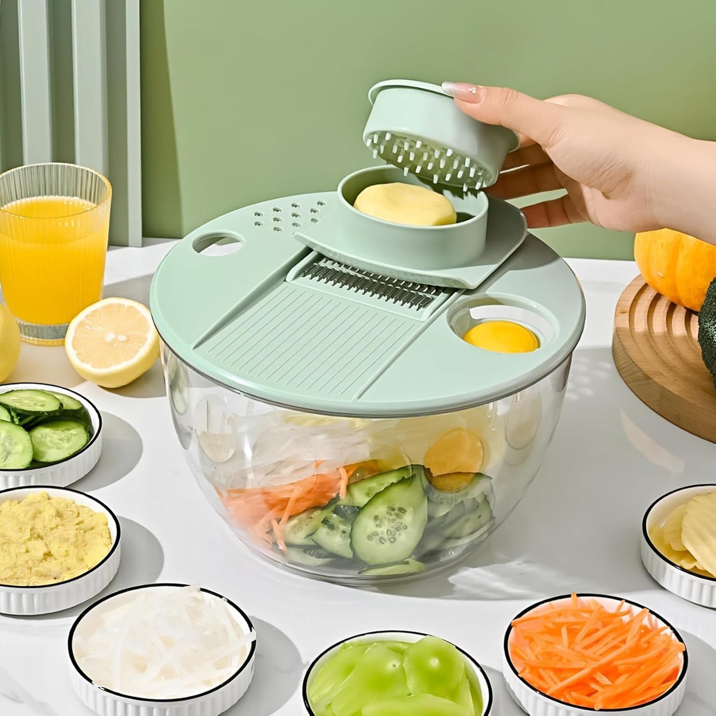 Vegetable Slicer - Salad Spinner - Mandoline - Salad Spinner - Multifunctional Vegetable Slicer - Vegetable Cutter Set - Grater - Kitchen Aid - Kitchen Utensil - Julienne Slicer - Vegetable Grater - Kitchen Gadget - Shredder - Mint Green - Lettuce Slicer  - Image 6