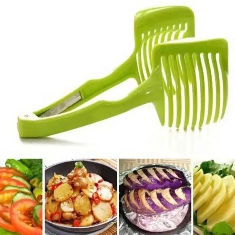 Multi-Function Vegetable Slicer with Safety Holder, Handheld Cutter for Onions, Tomatoes, Potatoes and Fruit, Green