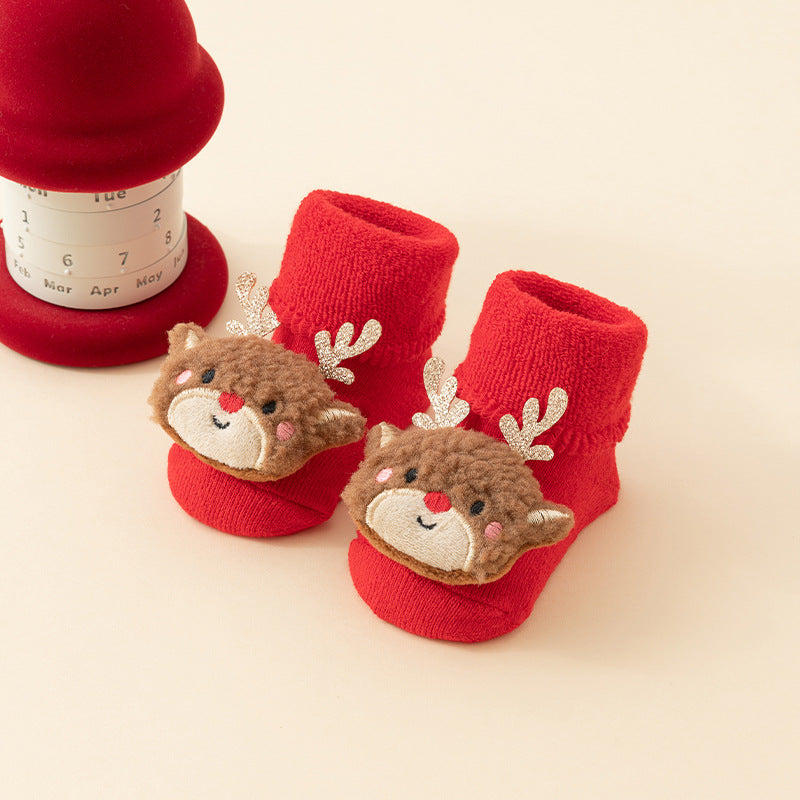 Baby Christmas Socks - Non-Slip Baby Socks - First Christmas - Warm House Socks - Snowman - Reindeer - Christmas Tree - Santa Hat - Christmas Gift - Booties - Winter Clothes - Maternity Gift - 3D Figures - Christmas Outfit - Red Mix - 6 Pairs - Image 4