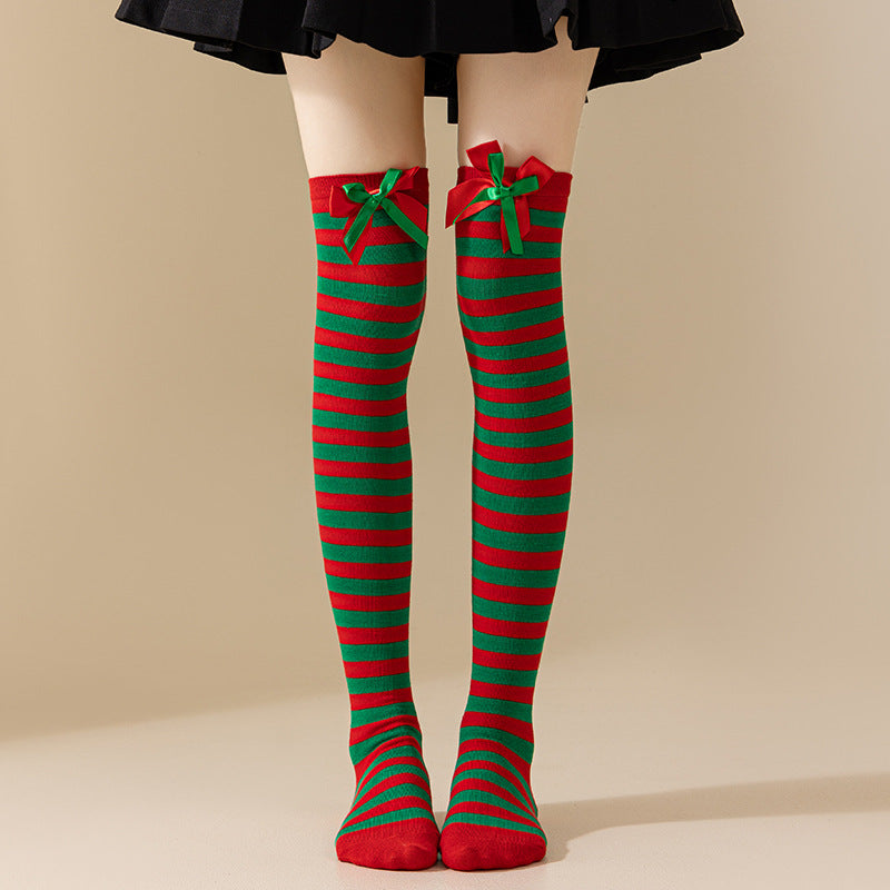 Christmas Socks Women - Overknee Socks - Christmas Knee Socks - Striped Socks - Elf Costume - Santa Claus - Stockings with Bow - Thigh High Stockings - Fancy Dress - Christmas Outfit - Holidays - Long Socks - Christmas Accessories - Multicolor - 5 Pairs - Image 3