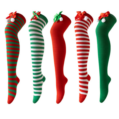 Christmas Socks Women - Overknee Socks - Christmas Knee Socks - Striped Socks - Elf Costume - Santa Claus - Stockings with Bow - Thigh High Stockings - Fancy Dress - Christmas Outfit - Holidays - Long Socks - Christmas Accessories - Multicolor - 5 Pairs - Image 5