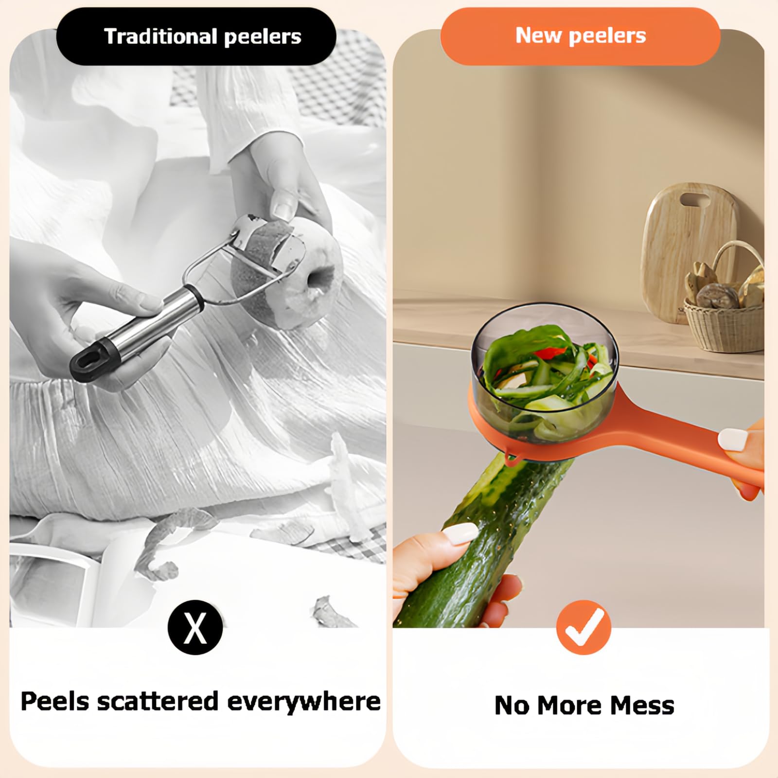 Peeler with collecting tray - Potato peeler - Vegetable peeler - Fruit peeler - Paring knife - Apple peeler - Cucumber peeler - Kitchen utensils - Peeler with container - Kitchen tools - Asparagus peeler - Stainless steel - Peeling knife - Orange - 1 piec - Image 2
