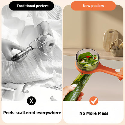 Peeler with collecting tray - Potato peeler - Vegetable peeler - Fruit peeler - Paring knife - Apple peeler - Cucumber peeler - Kitchen utensils - Peeler with container - Kitchen tools - Asparagus peeler - Stainless steel - Peeling knife - Orange - 1 piec - Image 2