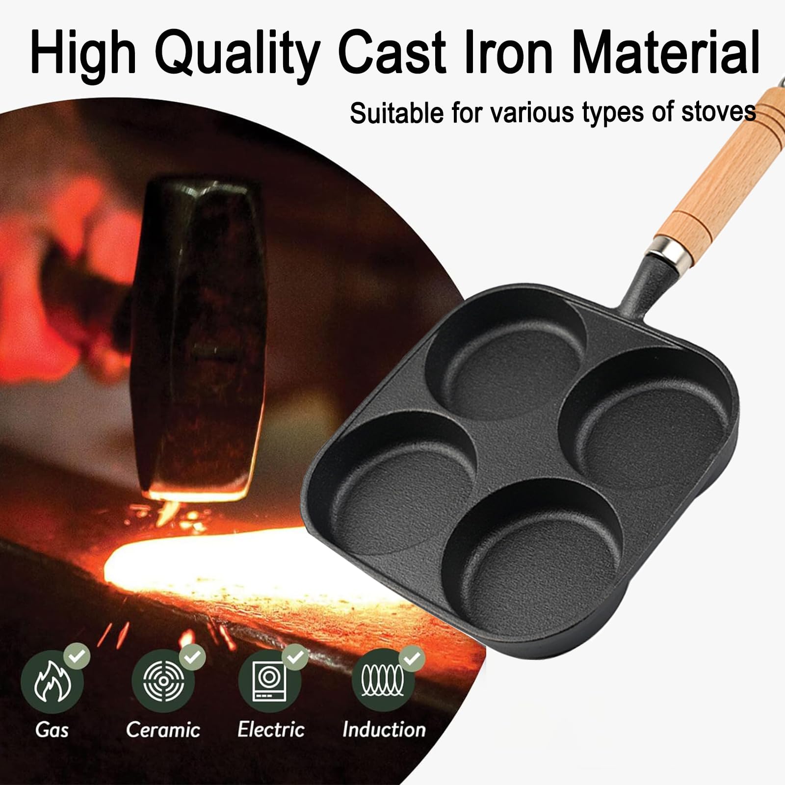 Egg Pan - Poffertjes Pan - Frying Pan - Pancake Pan - Hamburger Pan - 4 Hole Frying Pan - Fried Egg Pan - Induction - Non-Stick Coating - Omelet Pan - American Pancakes - Kitchen Utensils - Compartment Pan - Black - 1 Piece - Image 4