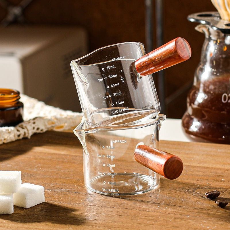Espresso Measuring Cup - Shot Glass - Milk Jug - Coffee Accessories - Barista Tools - Measuring Cup Glass - Espresso Glasses - Sauce Jug - Measuring Glass - Mini Measuring Cup - Double Spout - Heat Resistant - Wooden Handle - Transparent - 2 Pieces - Image 2