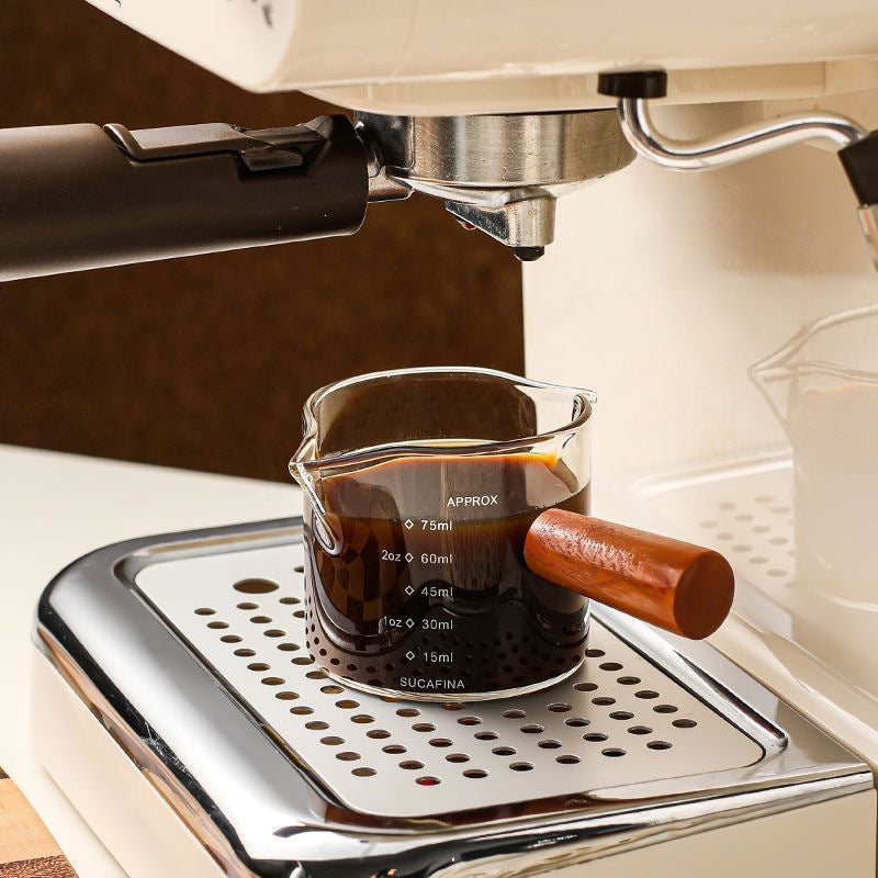 Espresso Measuring Cup - Shot Glass - Milk Jug - Coffee Accessories - Barista Tools - Measuring Cup Glass - Espresso Glasses - Sauce Jug - Measuring Glass - Mini Measuring Cup - Double Spout - Heat Resistant - Wooden Handle - Transparent - 2 Pieces - Image 3