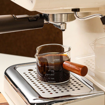 Espresso Measuring Cup - Shot Glass - Milk Jug - Coffee Accessories - Barista Tools - Measuring Cup Glass - Espresso Glasses - Sauce Jug - Measuring Glass - Mini Measuring Cup - Double Spout - Heat Resistant - Wooden Handle - Transparent - 2 Pieces - Image 3