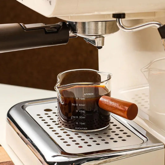 2 Pack Double Spout Espresso Measuring Cups, Heat-Resistant Glass Shot Cups with Wooden Handles for Coffee and Sauces - Image 3