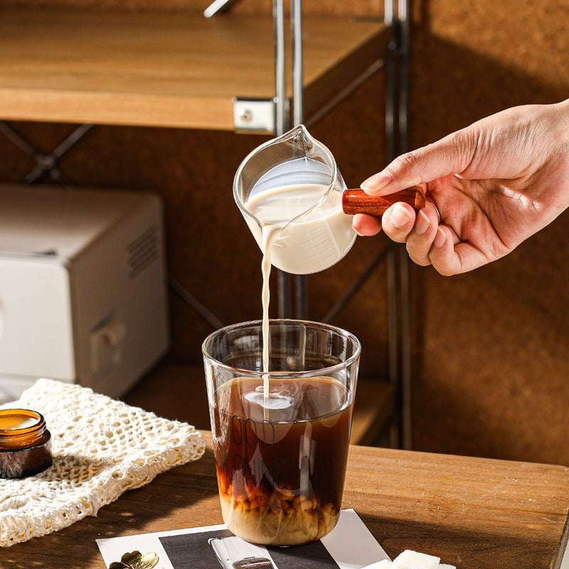Espresso Measuring Cup - Shot Glass - Milk Jug - Coffee Accessories - Barista Tools - Measuring Cup Glass - Espresso Glasses - Sauce Jug - Measuring Glass - Mini Measuring Cup - Double Spout - Heat Resistant - Wooden Handle - Transparent - 2 Pieces - Image 4