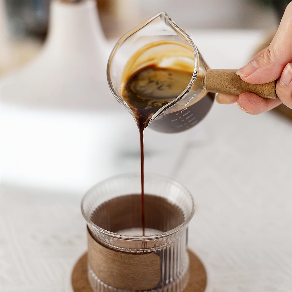 Espresso Measuring Cup - Shot Glass - Milk Jug - Coffee Accessories - Barista Tools - Measuring Cup Glass - Espresso Glasses - Sauce Jug - Measuring Glass - Mini Measuring Cup - Double Spout - Heat Resistant - Wooden Handle - Transparent - 2 Pieces - Image 6