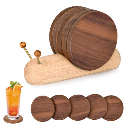 5 Pack Wooden Snail Coasters with Holder, Heat-Resistant Drink Mats for Coffee Tables, Desks and Home Decor, Brown