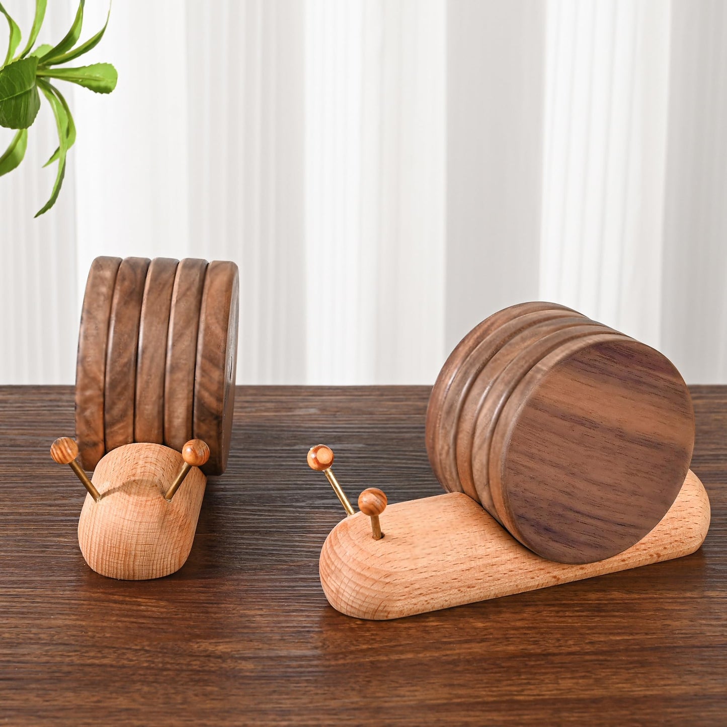 Wooden Coasters - Glass Coasters - Coasters - Coasters with Holder - Table Decoration - Snail - Home Accessories - Glass Coasters - Wooden Decoration - Kitchen Accessories - Design Coasters - Home Gift - Brown - 5 Pieces - Image 2