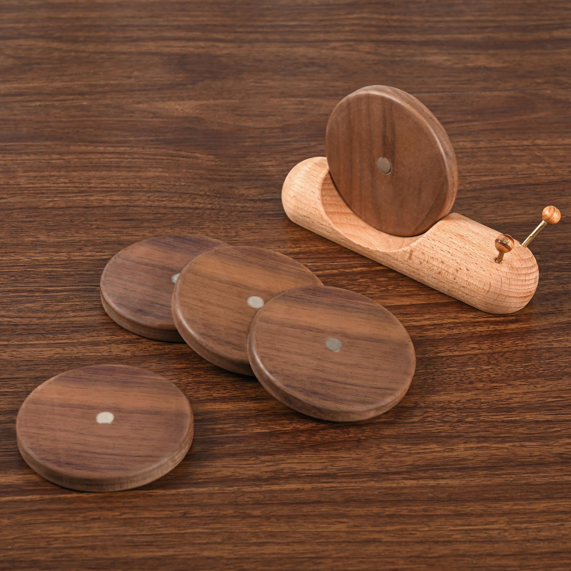Wooden Coasters - Glass Coasters - Coasters - Coasters with Holder - Table Decoration - Snail - Home Accessories - Glass Coasters - Wooden Decoration - Kitchen Accessories - Design Coasters - Home Gift - Brown - 5 Pieces - Image 5