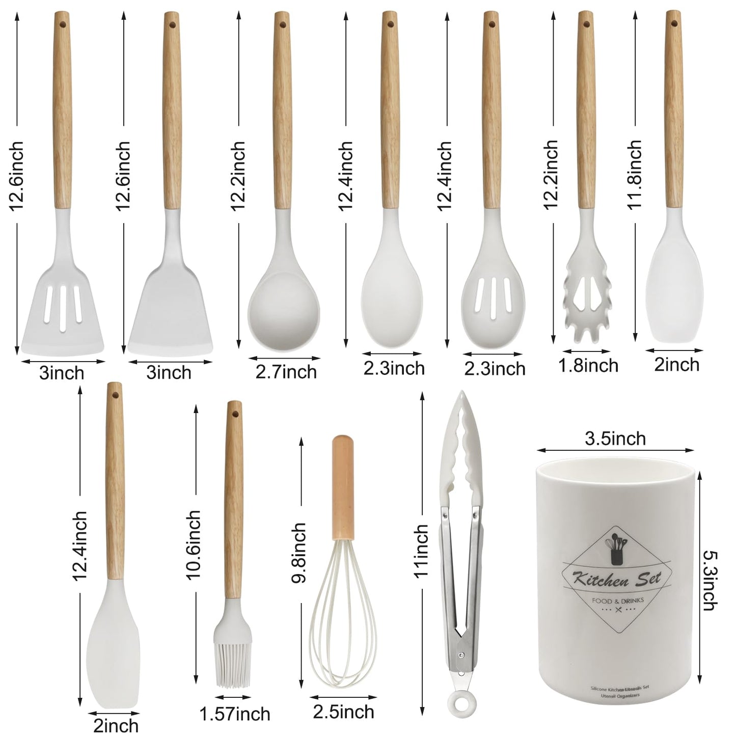 Kitchen Utensil Set - Silicone Spatula Set - Cooking Utensils with Holder - Wooden Spoons - Non-Stick - Pan Scrapers - Heat Resistant - Whisk - Serving Tongs - Baking Utensils - Kitchen Starter Kit - Scratch-Free - White - 12 Pieces - Image 2