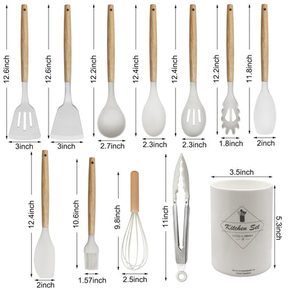 Kitchen Utensil Set - Silicone Spatula Set - Cooking Utensils with Holder - Wooden Spoons - Non-Stick - Pan Scrapers - Heat Resistant - Whisk - Serving Tongs - Baking Utensils - Kitchen Starter Kit - Scratch-Free - White - 12 Pieces - Image 2