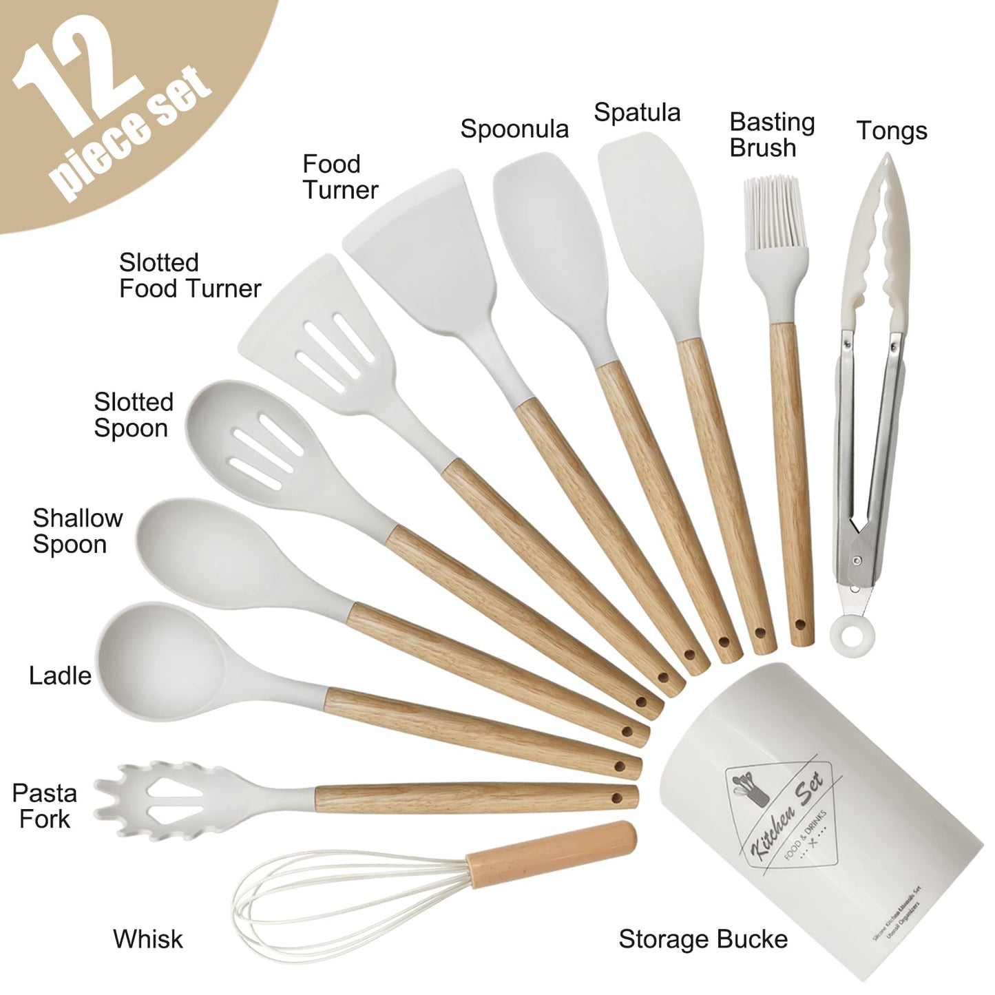 Kitchen Utensil Set - Silicone Spatula Set - Cooking Utensils with Holder - Wooden Spoons - Non-Stick - Pan Scrapers - Heat Resistant - Whisk - Serving Tongs - Baking Utensils - Kitchen Starter Kit - Scratch-Free - White - 12 Pieces - Image 4