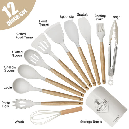 Kitchen Utensil Set - Silicone Spatula Set - Cooking Utensils with Holder - Wooden Spoons - Non-Stick - Pan Scrapers - Heat Resistant - Whisk - Serving Tongs - Baking Utensils - Kitchen Starter Kit - Scratch-Free - White - 12 Pieces - Image 4