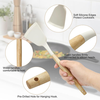 Kitchen Utensil Set - Silicone Spatula Set - Cooking Utensils with Holder - Wooden Spoons - Non-Stick - Pan Scrapers - Heat Resistant - Whisk - Serving Tongs - Baking Utensils - Kitchen Starter Kit - Scratch-Free - White - 12 Pieces - Image 5