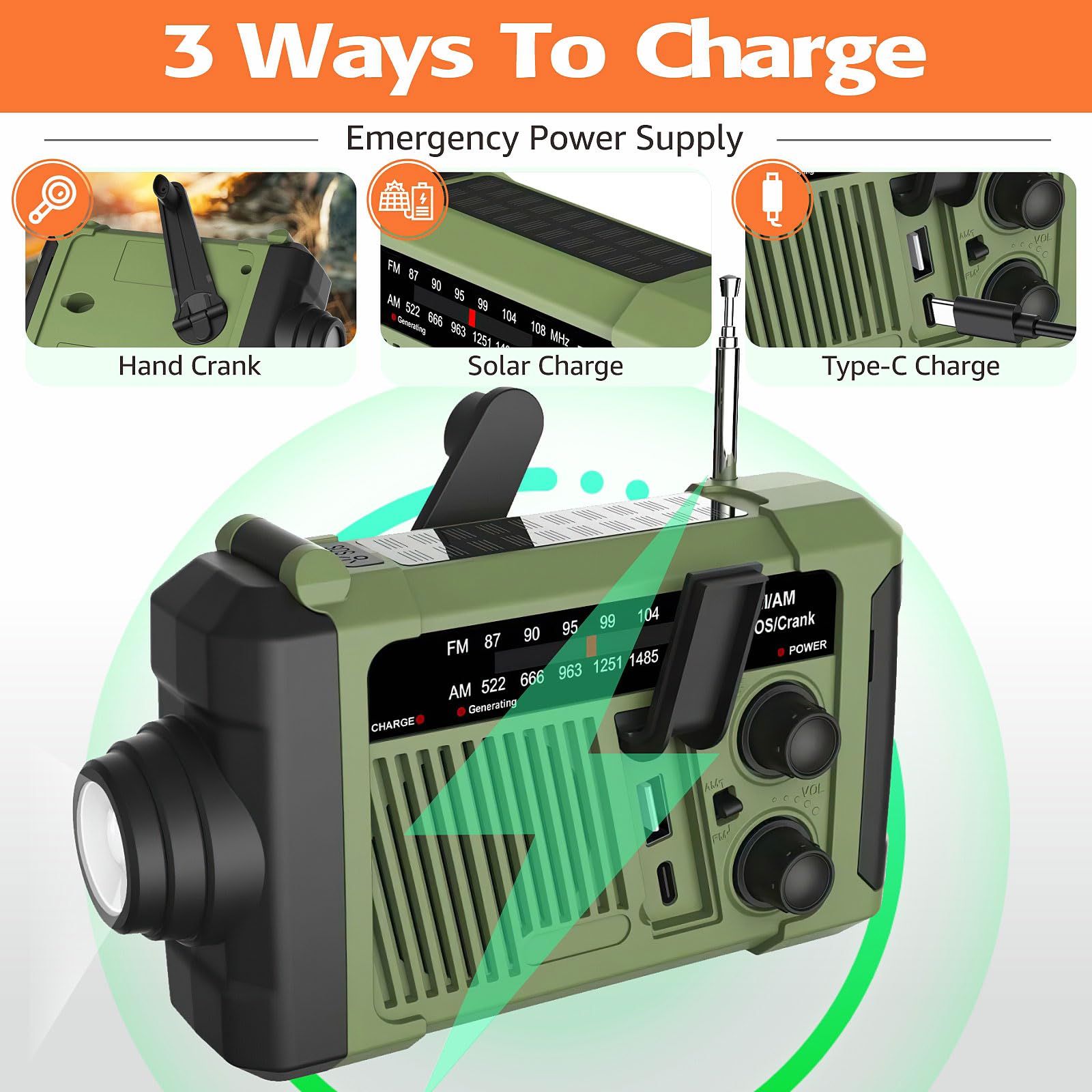 Wind-up Radio - Solar Radio - World Receiver - Portable Radio - Flashlight with Dynamo - Powerbank Function - Camping Radio - Outdoor Gadgets - Rechargeable Flashlight - USB Charger - FM AM Receiver - Hiking - Green - 1 Piece - Image 3