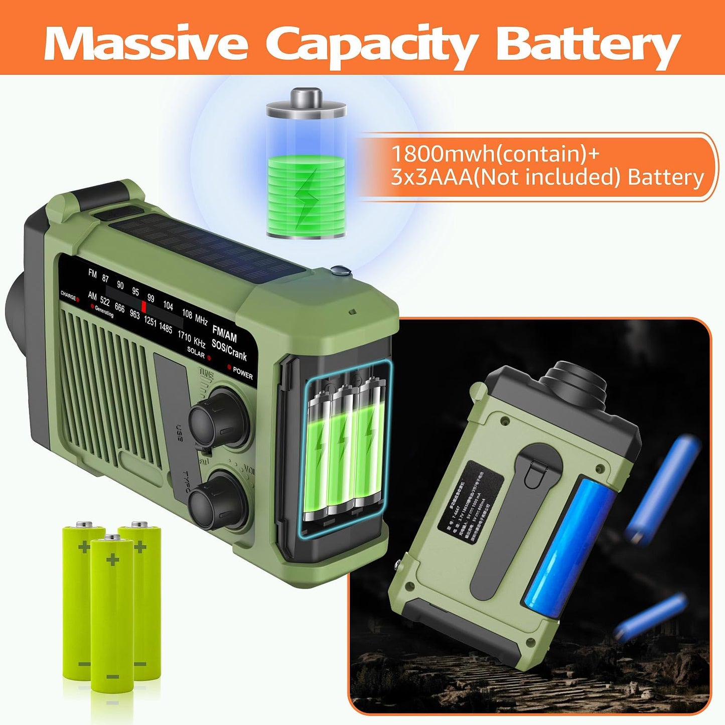 Wind-up Radio - Solar Radio - World Receiver - Portable Radio - Flashlight with Dynamo - Powerbank Function - Camping Radio - Outdoor Gadgets - Rechargeable Flashlight - USB Charger - FM AM Receiver - Hiking - Green - 1 Piece - Image 7