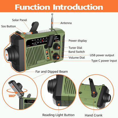 Wind-up Radio - Solar Radio - World Receiver - Portable Radio - Flashlight with Dynamo - Powerbank Function - Camping Radio - Outdoor Gadgets - Rechargeable Flashlight - USB Charger - FM AM Receiver - Hiking - Green - 1 Piece - Image 8