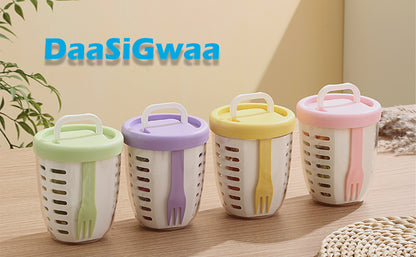Fruit bowl to go - Lunch cup with fork - Yogurt cup - Salad cup - Storage container with colander - Snack box - School cup - Fruit pot - Take-away cup - On the road - Picnic - Kitchen accessories - Yellow - 1 piece - Image 7