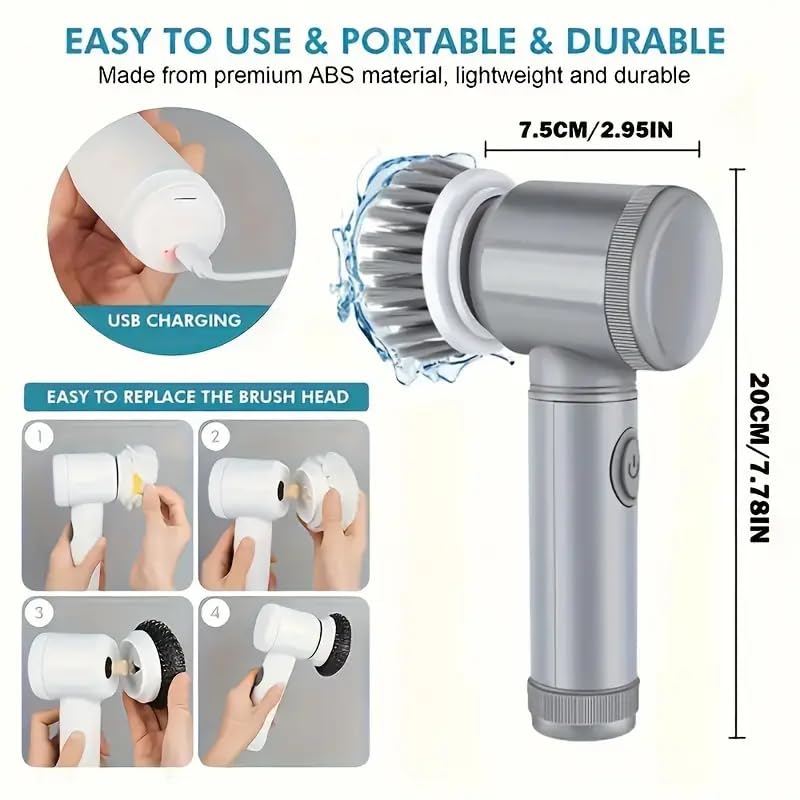 Electric Cleaning Brush - Spin Scrubber - Cordless Scrubbing Brush - Bathroom Cleaner - Power Scrubber - Tile Brush - Grout Brush - Kitchen Cleaning Tools - USB Rechargeable - Polishing Machine - With 5 Attachments - White - 1 Set - Image 2