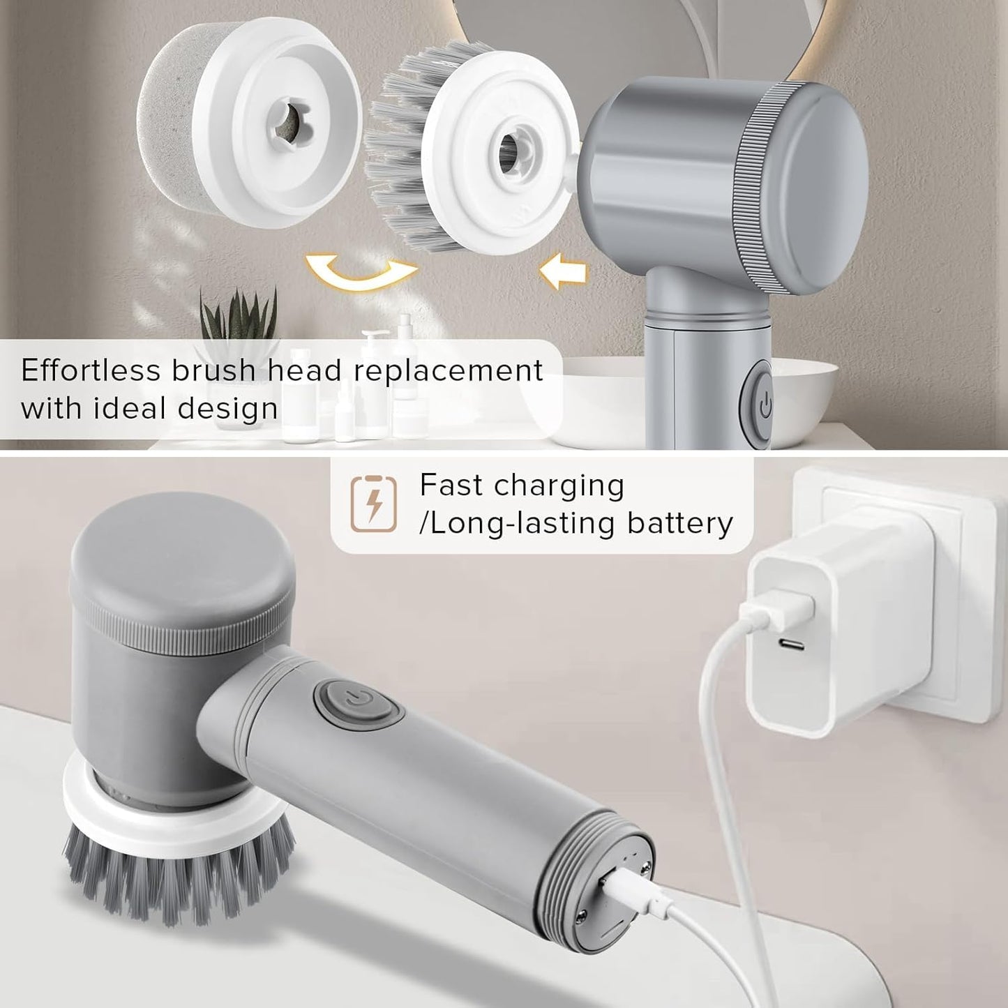 Electric Cleaning Brush - Spin Scrubber - Cordless Scrubbing Brush - Bathroom Cleaner - Power Scrubber - Tile Brush - Grout Brush - Kitchen Cleaning Tools - USB Rechargeable - Polishing Machine - With 5 Attachments - White - 1 Set - Image 3