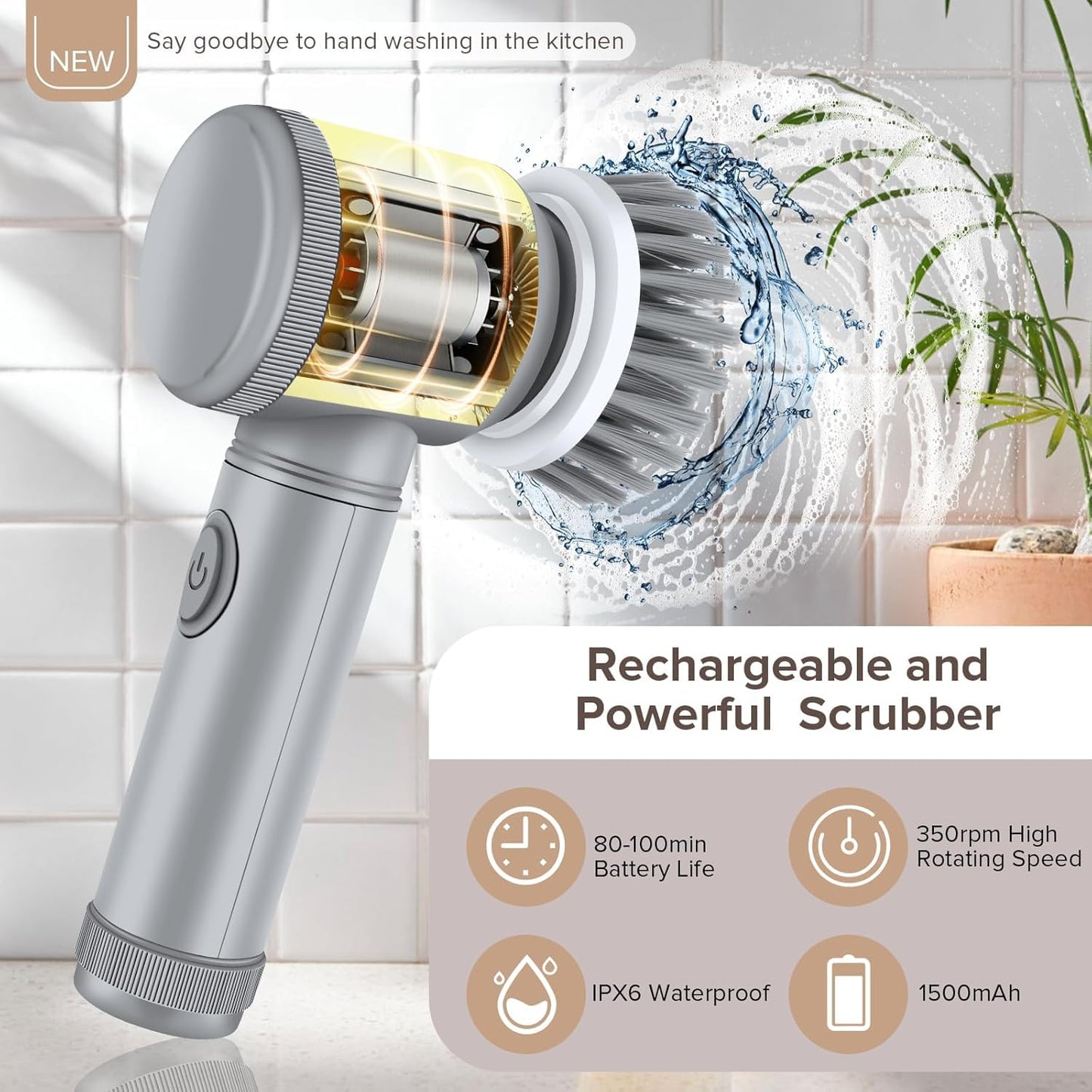 Electric Cleaning Brush - Spin Scrubber - Cordless Scrubbing Brush - Bathroom Cleaner - Power Scrubber - Tile Brush - Grout Brush - Kitchen Cleaning Tools - USB Rechargeable - Polishing Machine - With 5 Attachments - White - 1 Set - Image 6