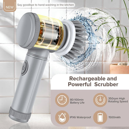 Electric Cleaning Brush - Spin Scrubber - Cordless Scrubbing Brush - Bathroom Cleaner - Power Scrubber - Tile Brush - Grout Brush - Kitchen Cleaning Tools - USB Rechargeable - Polishing Machine - With 5 Attachments - White - 1 Set - Image 6