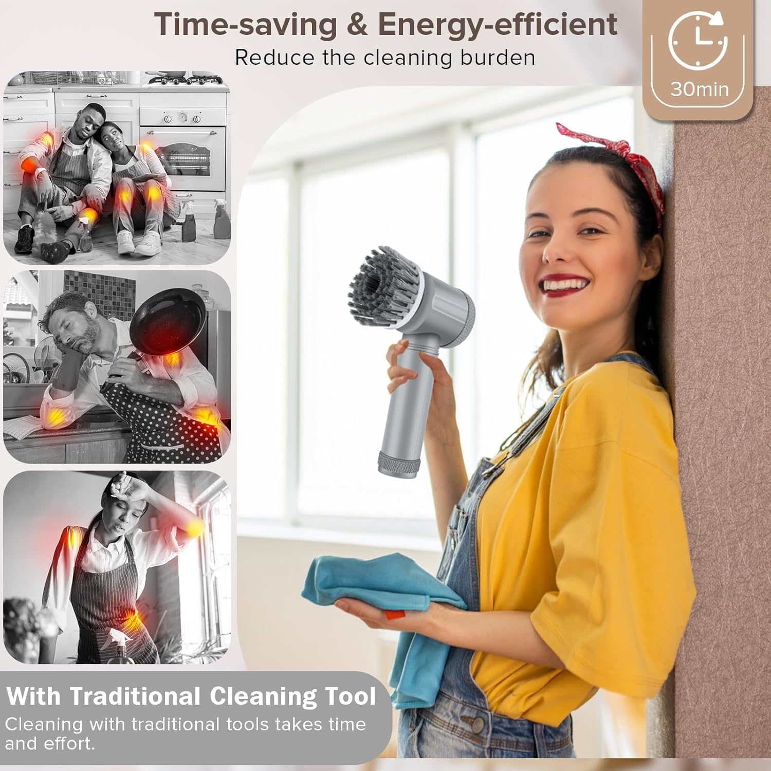 Electric Cleaning Brush - Spin Scrubber - Cordless Scrubbing Brush - Bathroom Cleaner - Power Scrubber - Tile Brush - Grout Brush - Kitchen Cleaning Tools - USB Rechargeable - Polishing Machine - With 5 Attachments - White - 1 Set - Image 7
