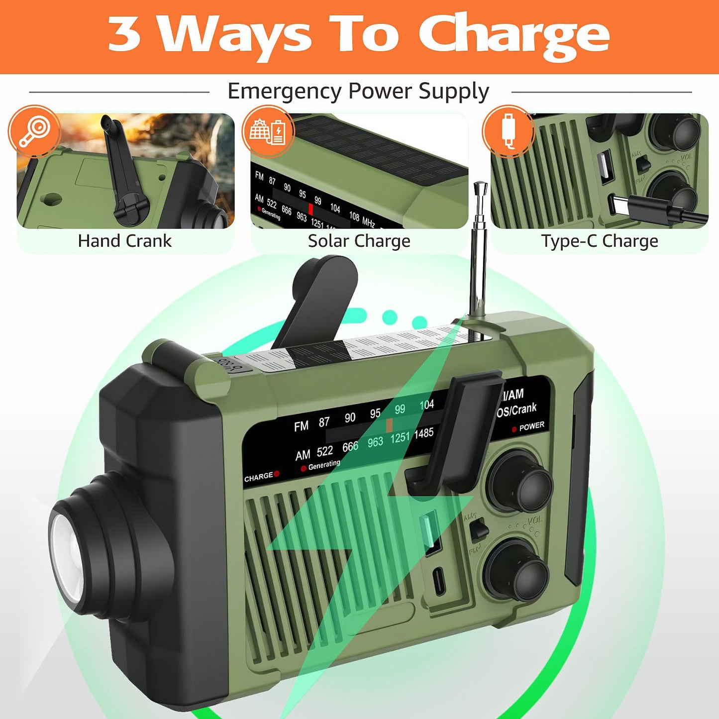 Wind-up Radio - Solar Radio - World Receiver - Portable Radio - Flashlight with Dynamo - Powerbank Function - Camping Radio - Outdoor Gadgets - Rechargeable Flashlight - USB Charger - FM AM Receiver - Hiking - Orange - 1 Piece - Image 3