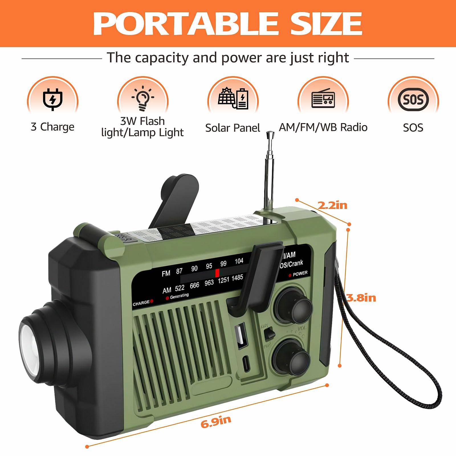 Wind-up Radio - Solar Radio - World Receiver - Portable Radio - Flashlight with Dynamo - Powerbank Function - Camping Radio - Outdoor Gadgets - Rechargeable Flashlight - USB Charger - FM AM Receiver - Hiking - Orange - 1 Piece - Image 6