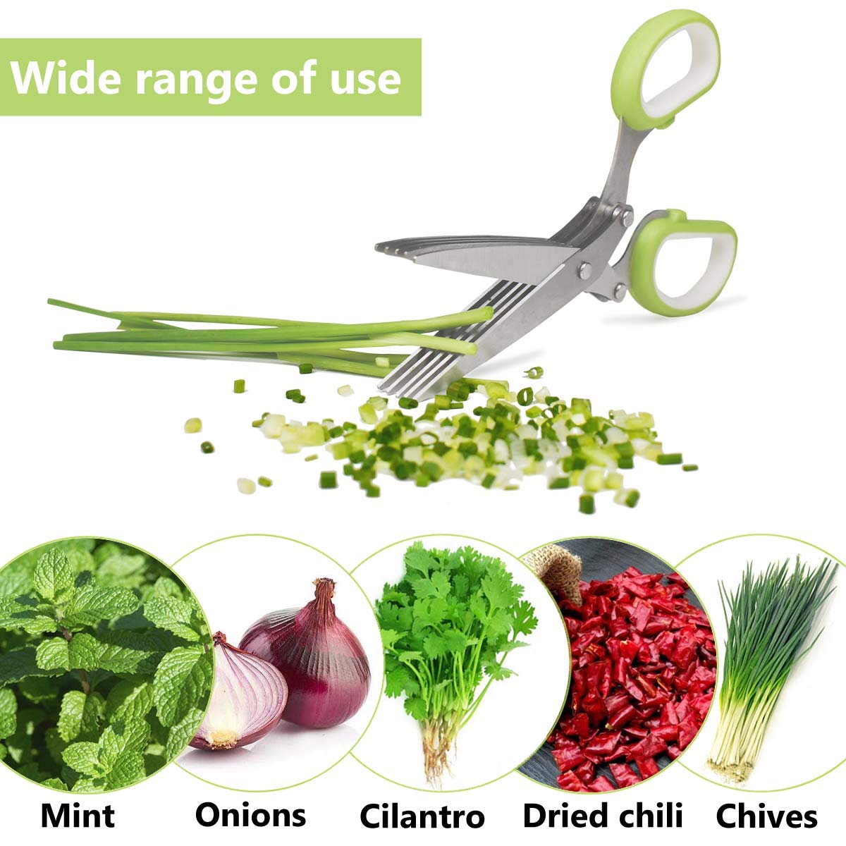 Herb Scissors Stainless Steel - Kitchen Scissors with 5 Blades - Vegetable Scissors - Chive Scissors - Herb Cutter - Kitchen Gadget - With Cleaning Comb and Protective Cover - Shredder - Kitchen Utensils - Parsley Cutter - Dishwasher Safe - Green - 1 Piec - Image 2