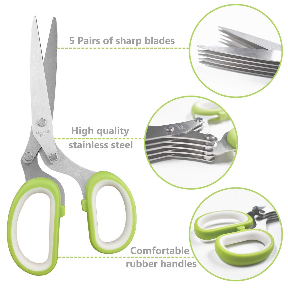 Herb Scissors Stainless Steel - Kitchen Scissors with 5 Blades - Vegetable Scissors - Chive Scissors - Herb Cutter - Kitchen Gadget - With Cleaning Comb and Protective Cover - Shredder - Kitchen Utensils - Parsley Cutter - Dishwasher Safe - Green - 1 Piec - Image 4