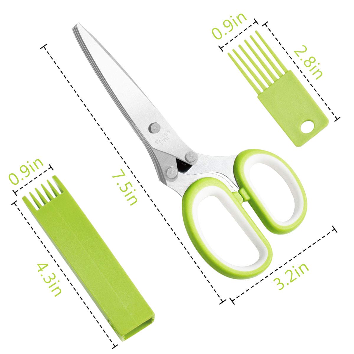 Herb Scissors Stainless Steel - Kitchen Scissors with 5 Blades - Vegetable Scissors - Chive Scissors - Herb Cutter - Kitchen Gadget - With Cleaning Comb and Protective Cover - Shredder - Kitchen Utensils - Parsley Cutter - Dishwasher Safe - Green - 1 Piec - Image 6
