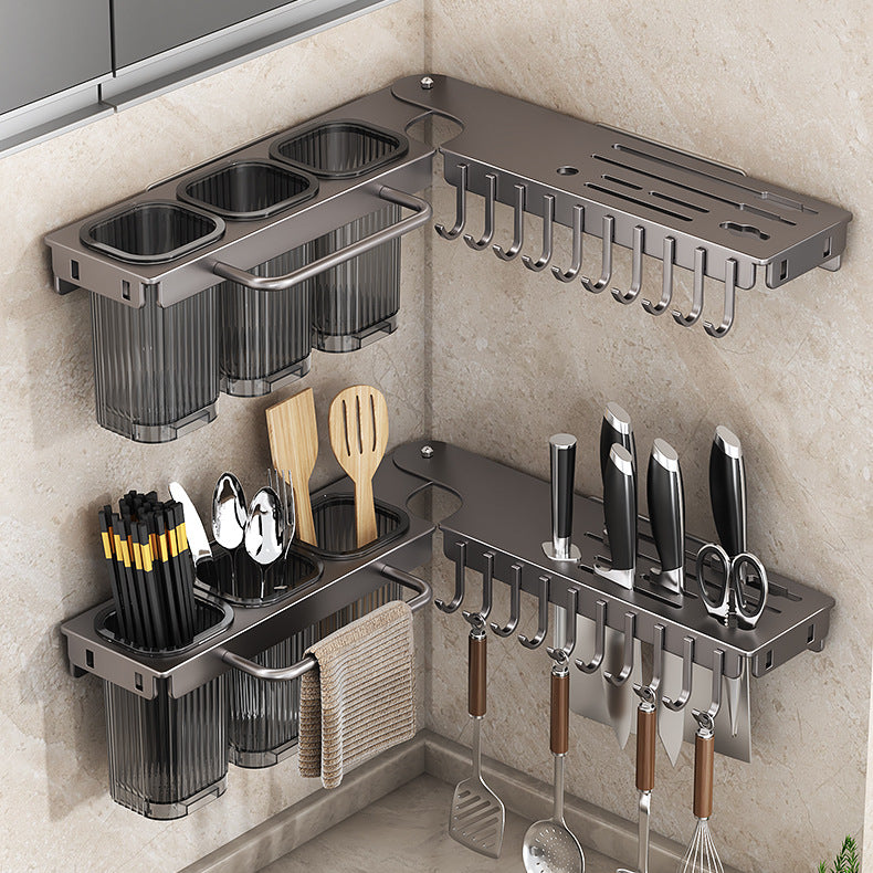 Corner Kitchen Rack - Knife Block Without Drilling - Cutlery Holder - Rotating Wall Rack - Kitchen Organizer - Utensil Holder - Hanging Hooks - Towel Rack - Spoon Holder - Spatula Holder - Countertop Storage - Multifunctional - Dark Gray - 1 Piece - Image 5