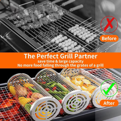 BBQ Grill Basket - Rotating Barbecue Basket - Stainless Steel Vegetable Basket - Fish Rack - Grill Basket - Barbecue Accessories - Cylinder Basket - BBQ Tool - With Oil Sprayer and Forks - Heat Resistant - Dishwasher Safe - Camping Cooking - Silver - 2 Pi - Image 2