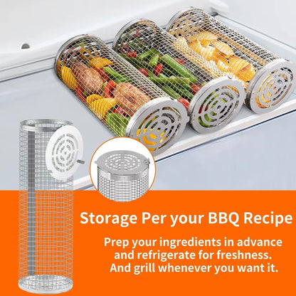 BBQ Grill Basket - Rotating Barbecue Basket - Stainless Steel Vegetable Basket - Fish Rack - Grill Basket - Barbecue Accessories - Cylinder Basket - BBQ Tool - With Oil Sprayer and Forks - Heat Resistant - Dishwasher Safe - Camping Cooking - Silver - 2 Pi - Image 3