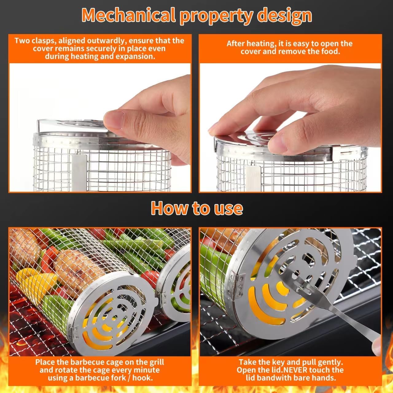 BBQ Grill Basket - Rotating Barbecue Basket - Stainless Steel Vegetable Basket - Fish Rack - Grill Basket - Barbecue Accessories - Cylinder Basket - BBQ Tool - With Oil Sprayer and Forks - Heat Resistant - Dishwasher Safe - Camping Cooking - Silver - 2 Pi - Image 5