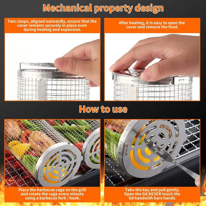 BBQ Grill Basket - Rotating Barbecue Basket - Stainless Steel Vegetable Basket - Fish Rack - Grill Basket - Barbecue Accessories - Cylinder Basket - BBQ Tool - With Oil Sprayer and Forks - Heat Resistant - Dishwasher Safe - Camping Cooking - Silver - 2 Pi - Image 5