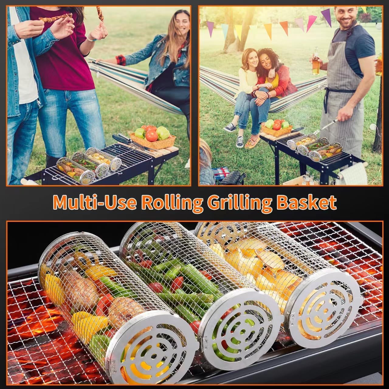BBQ Grill Basket - Rotating Barbecue Basket - Stainless Steel Vegetable Basket - Fish Rack - Grill Basket - Barbecue Accessories - Cylinder Basket - BBQ Tool - With Oil Sprayer and Forks - Heat Resistant - Dishwasher Safe - Camping Cooking - Silver - 2 Pi - Image 6
