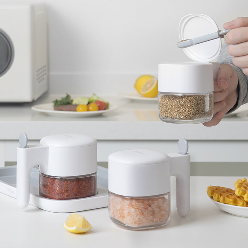 Glass Herb Jar - Spice Jar - Sugar Bowl - Salt Shaker - Storage Jar - Kitchen Organizer - Airtight - Moisture Proof - Spice Storage - Pepper Shaker - Seasoning Holder - With Handle - Refillable - Countertop Accessories - White - 1 Piece - Image 4