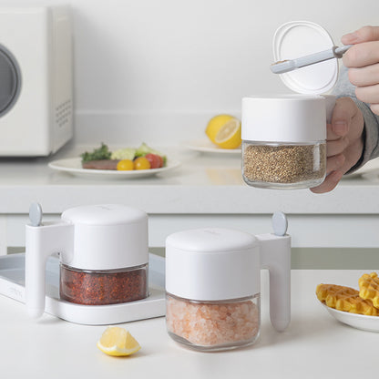 Glass Herb Jar - Spice Jar - Sugar Bowl - Salt Shaker - Storage Jar - Kitchen Organizer - Airtight - Moisture Proof - Spice Storage - Pepper Shaker - Seasoning Holder - With Handle - Refillable - Countertop Accessories - White - 1 Piece - Image 4