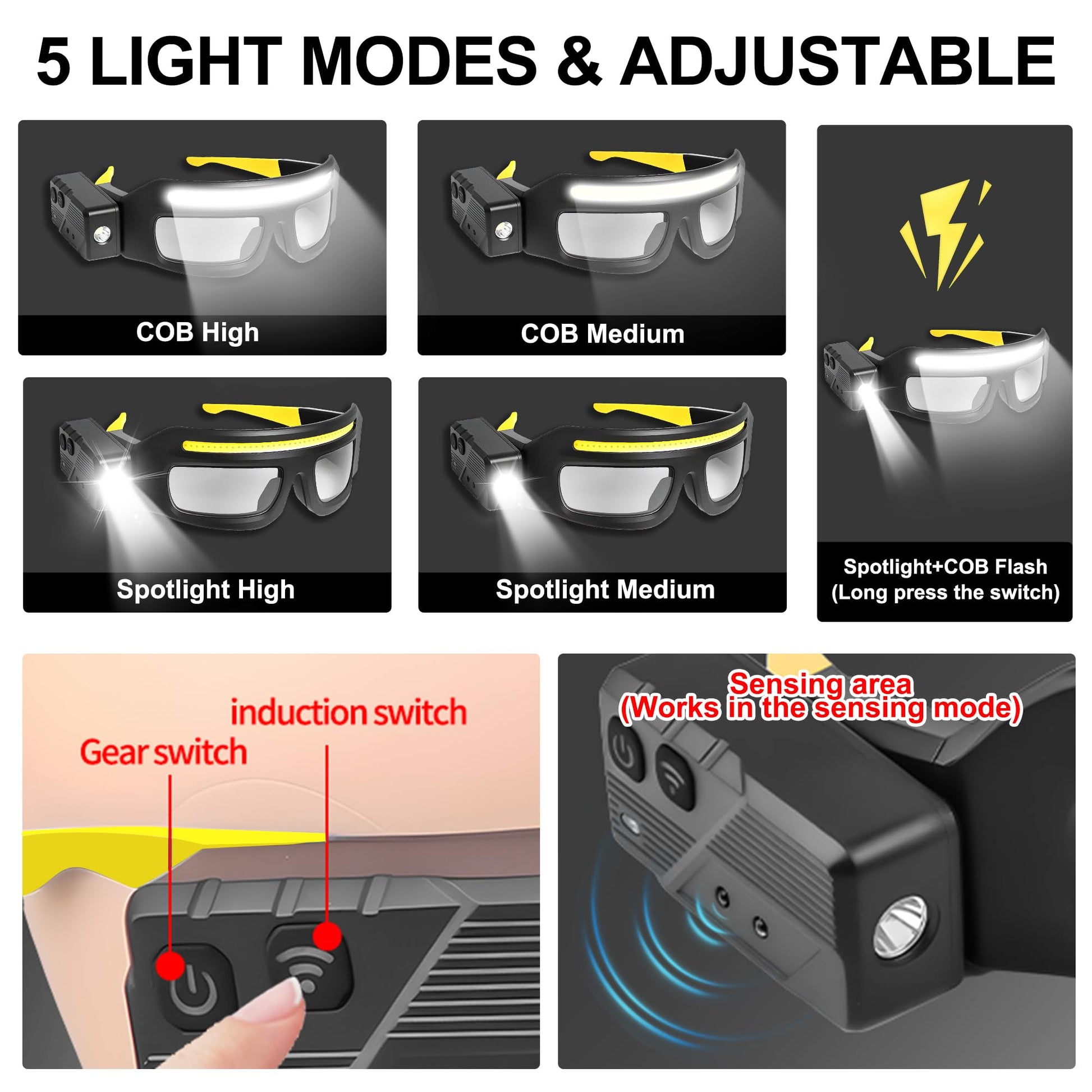 Rechargeable LED Headlamp - Safety Glasses with Light - Reading Lamp - Flashlight - Work Glasses - Walking Light Running - DIY Gift for Men - Glasses with Light - Night Glasses - Camping Lamp - Fishing - USB Rechargeable Headlamp - Black - 1 Piece - Image 8
