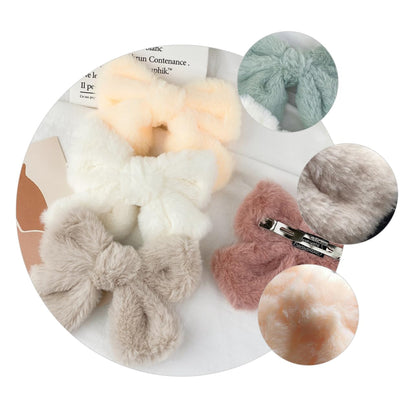Hair Clip - Hairpin - Hair Bow - Large Bow - Hair Accessories Girls - Hair Accessories Women - Plush - Fluffy - Winter Accessories - Gift For Women - Clip - Soft - Black Beige Gray White Pink And Green - 6 Pieces - Image 2