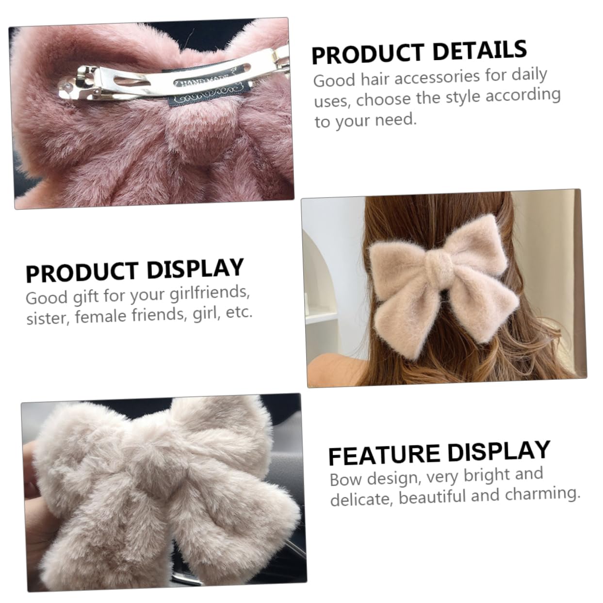 Hair Clip - Hairpin - Hair Bow - Large Bow - Hair Accessories Girls - Hair Accessories Women - Plush - Fluffy - Winter Accessories - Gift For Women - Clip - Soft - Black Beige Gray White Pink And Green - 6 Pieces - Image 4