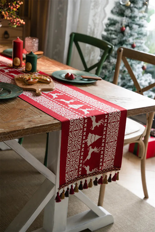 Christmas Table Runner with Reindeer, Tree and Snowflake Print for Festive Dining Tables, Holiday Meals and Home, 35 x 180 cm, Red and White - Image 3